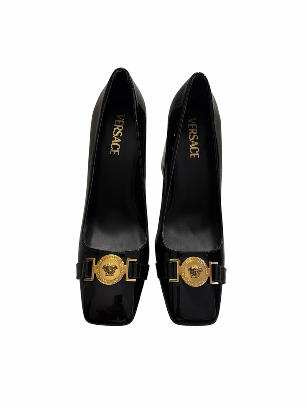 Versace Black Patent Leather Pumps with Gold Medusa Emblem